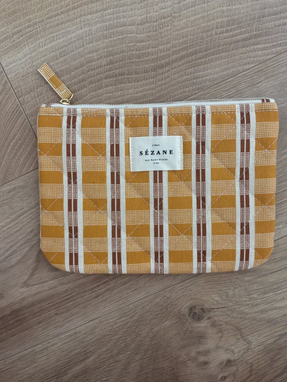 NEW Sézane quilted pouch in a yellow and brown checkered print